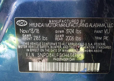 2019 Hyundai Elantra Sel из США, поврежденный, VIN 5NPD84LF3KH434730